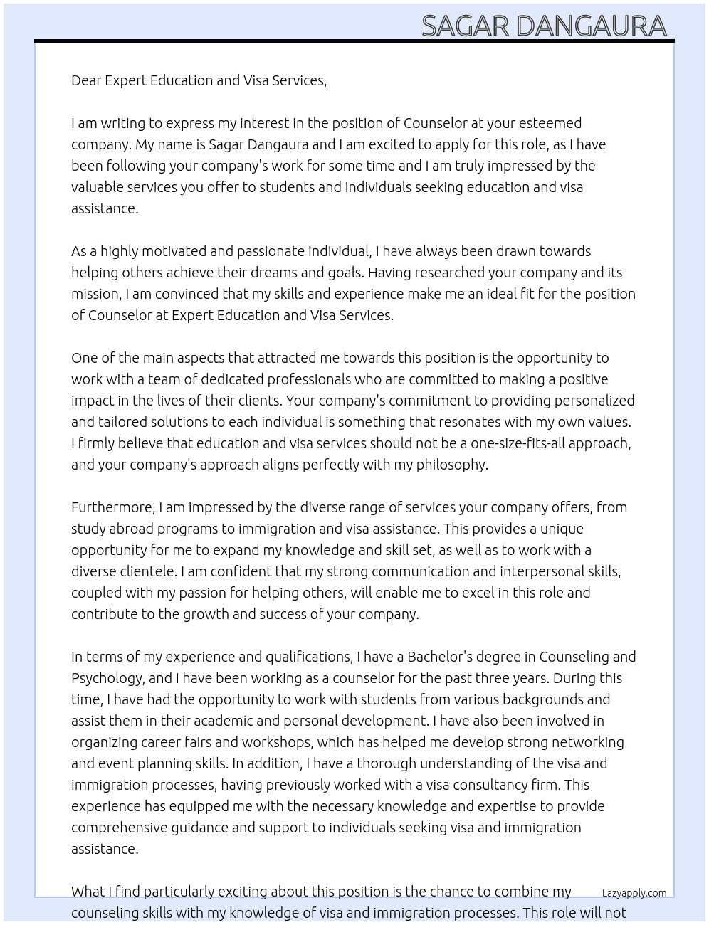 counselor  At expert education and visa services  Cover Letter