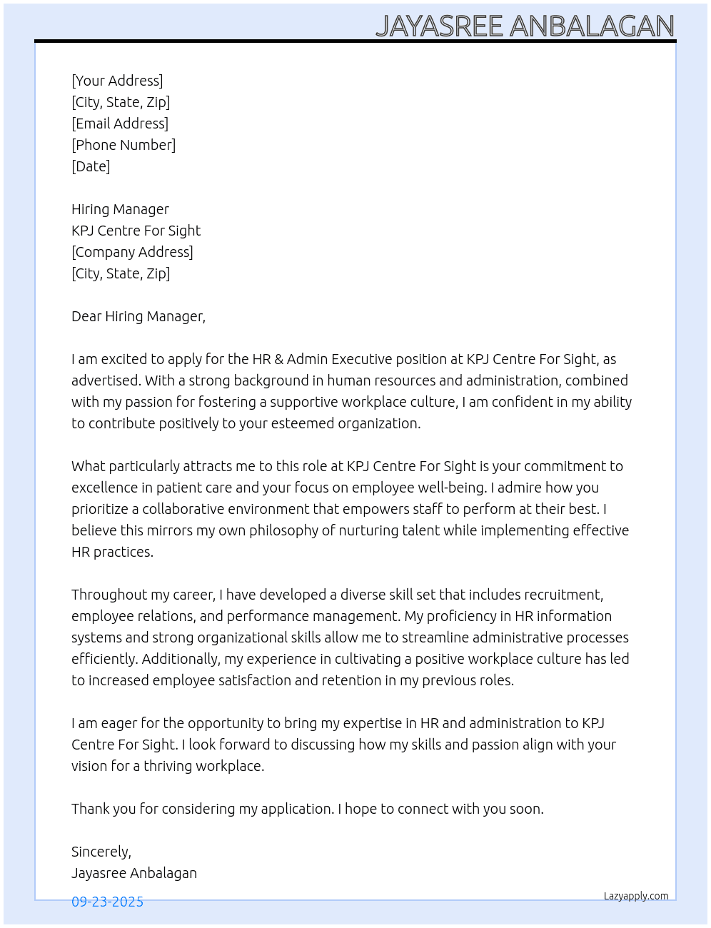 HR & Admin Executive At KPJ Centre For Sight Cover Letter