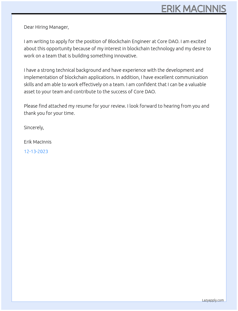 Blockchain Engineer At Core DAO Cover Letter