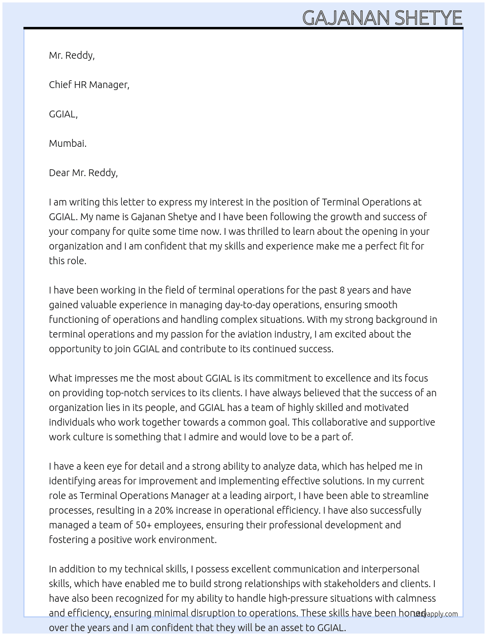 TERMINAL OPERATIONS At GGIAL Cover Letter