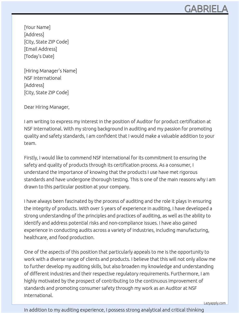 Auditor product certification At NSF international Cover Letter