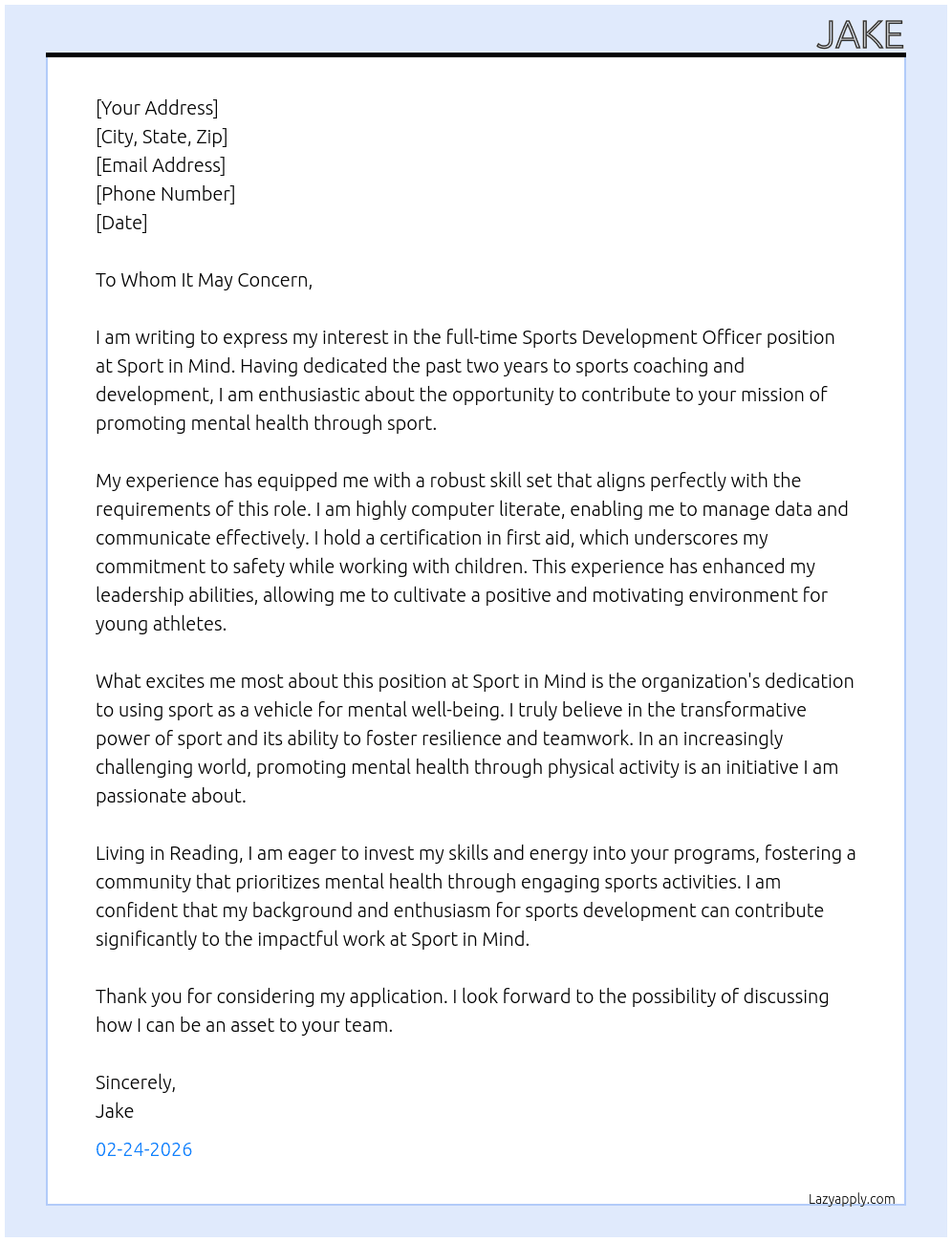 Sports development officer At Sport in mind  Cover Letter