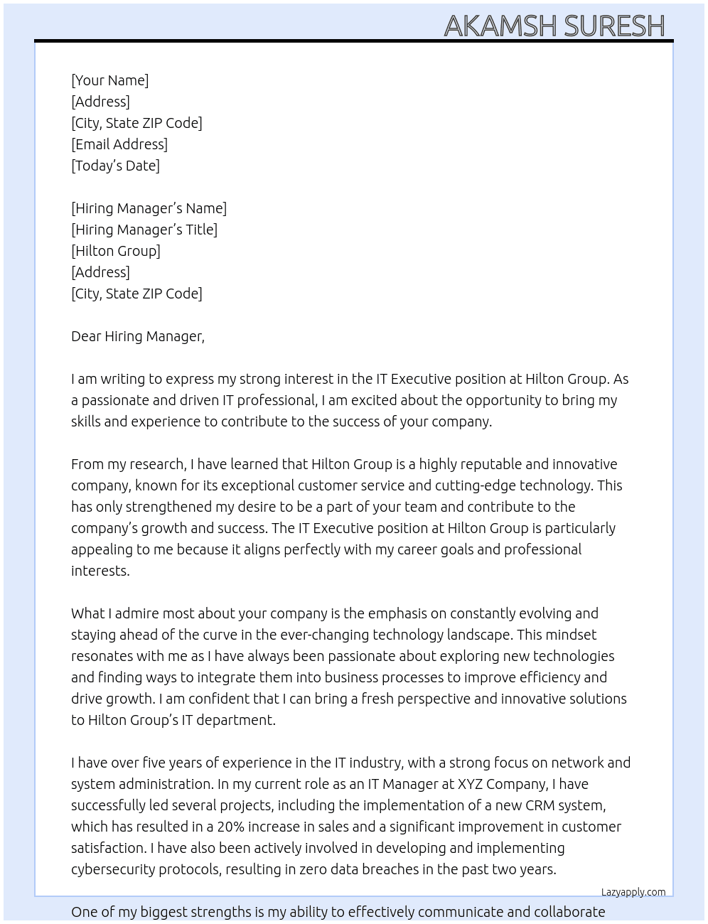 IT Executive  At Hilton group  Cover Letter