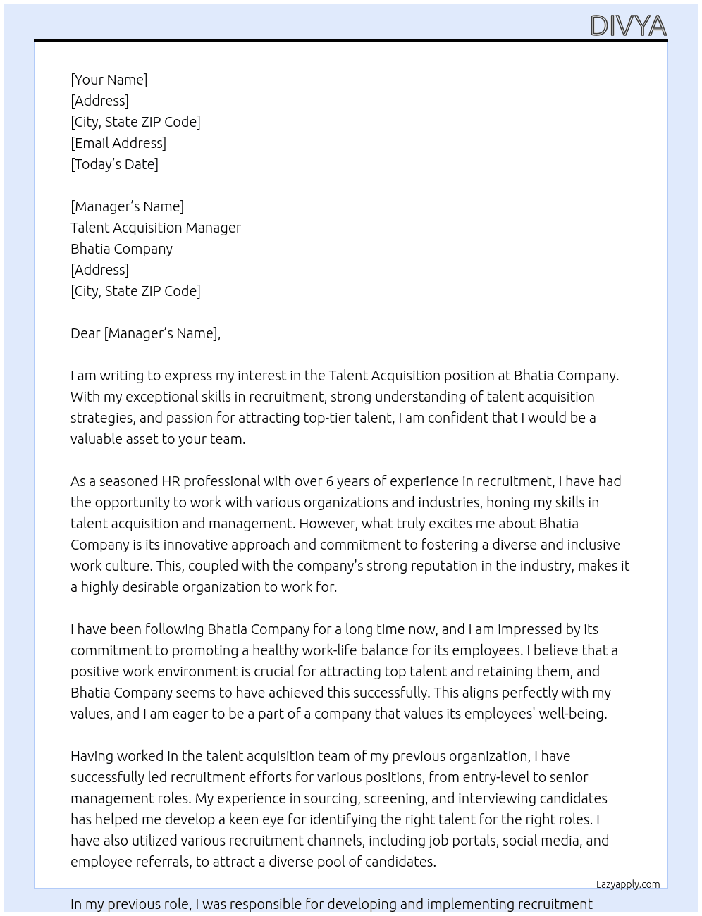 Talent Acquisition  At Bhatia Cover Letter