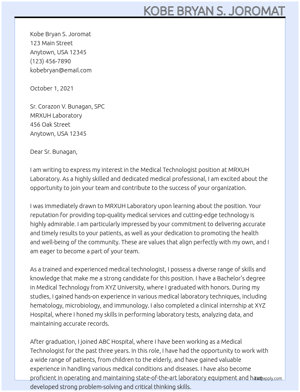 Medical Technologist At MRXUH Laboratory Cover Letter