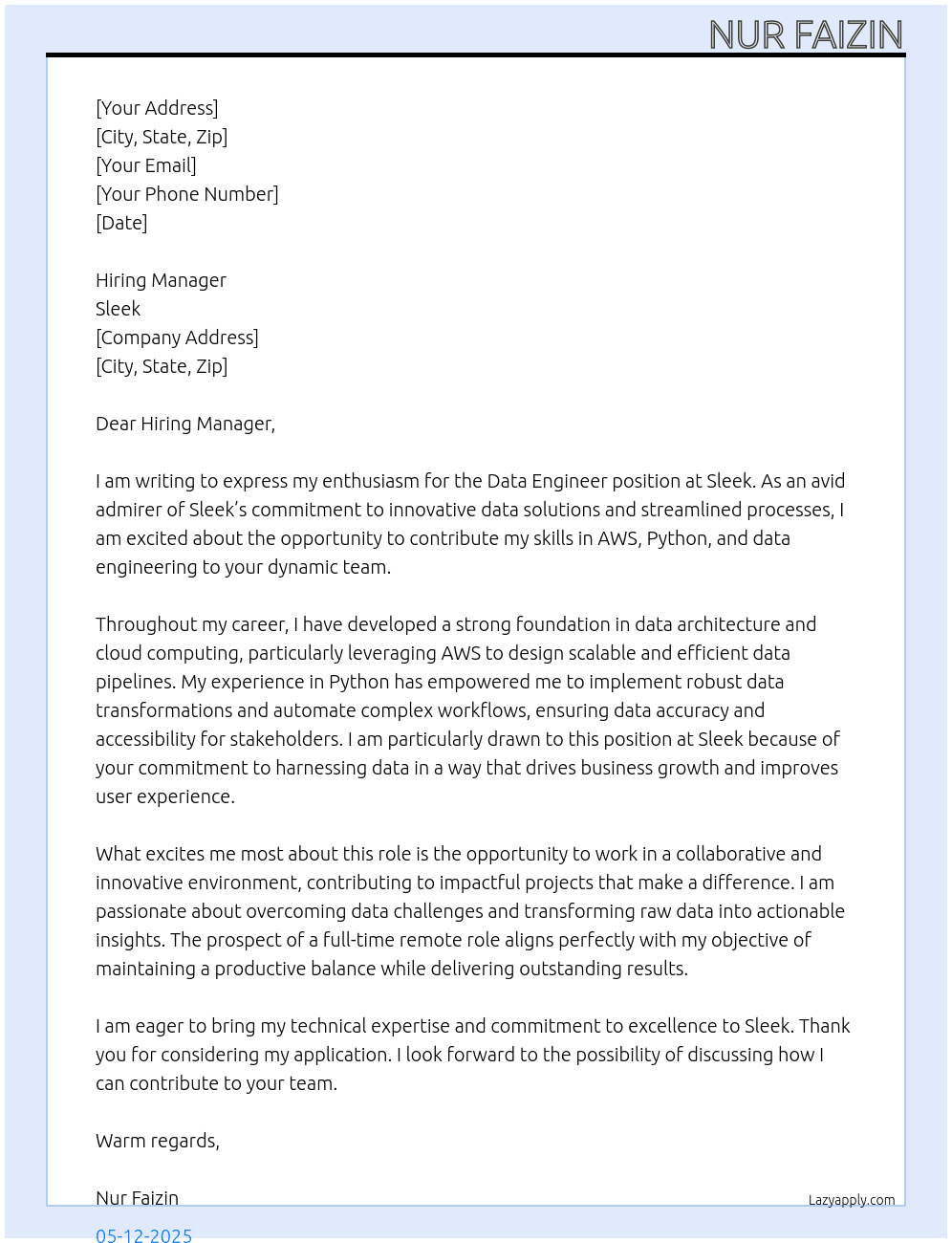Data Engineer At Sleek Cover Letter
