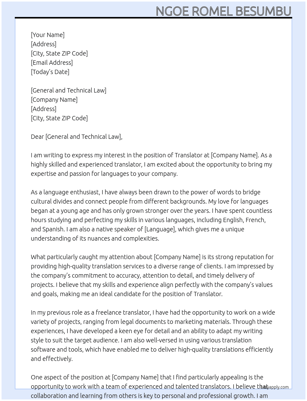 TRANSLATOR At TRANSLATION JOB Cover Letter