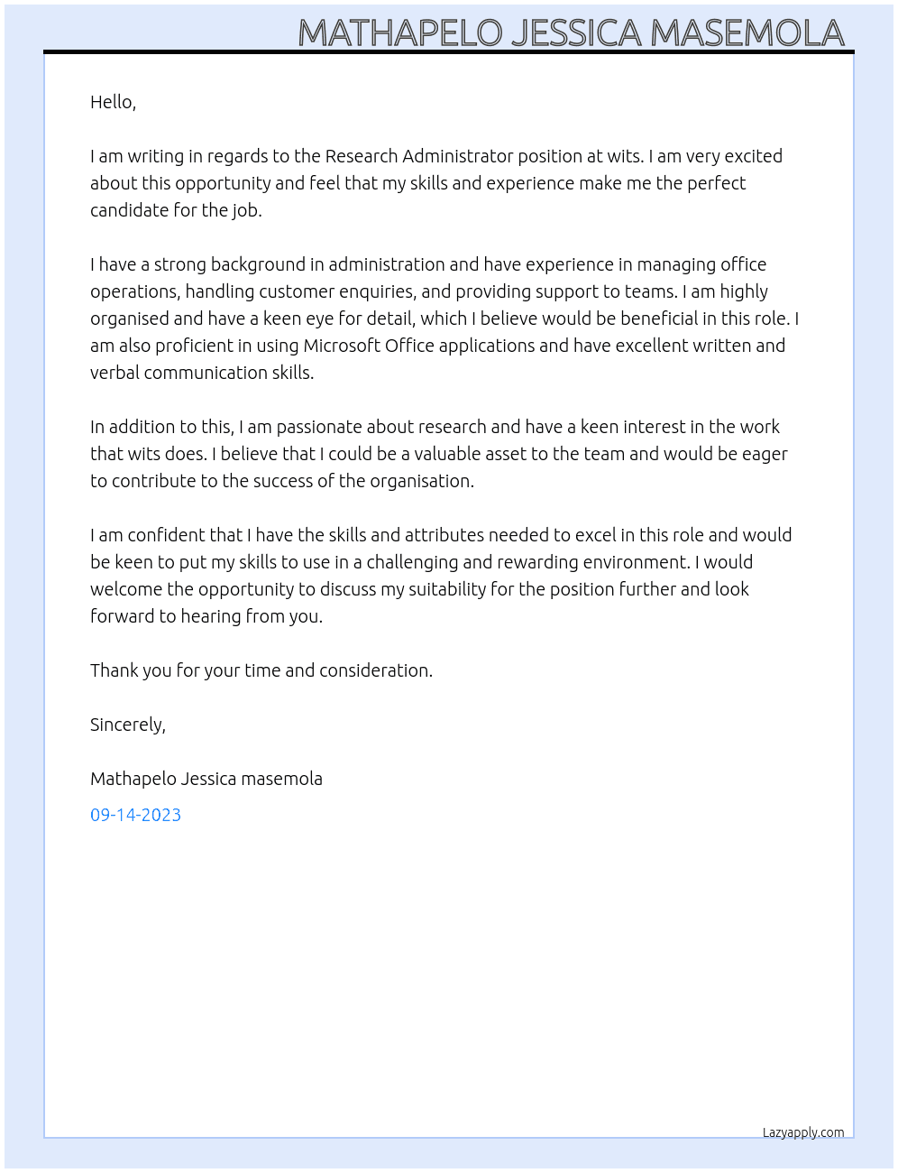 Research Administrator At wits  Cover Letter