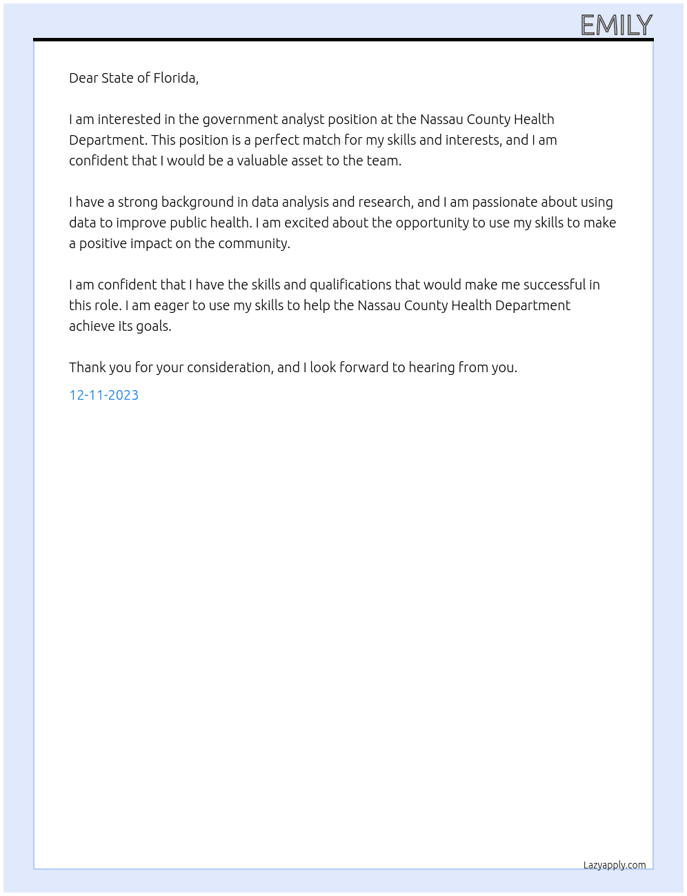 government analyst At Nassau County Health Department Cover Letter