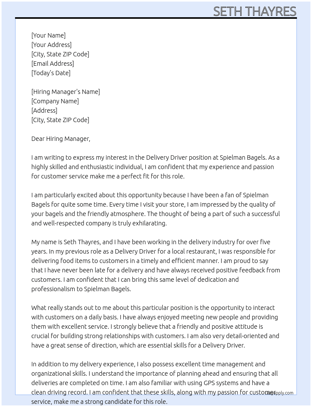 Delivery Driver At Spielman Bagels Cover Letter