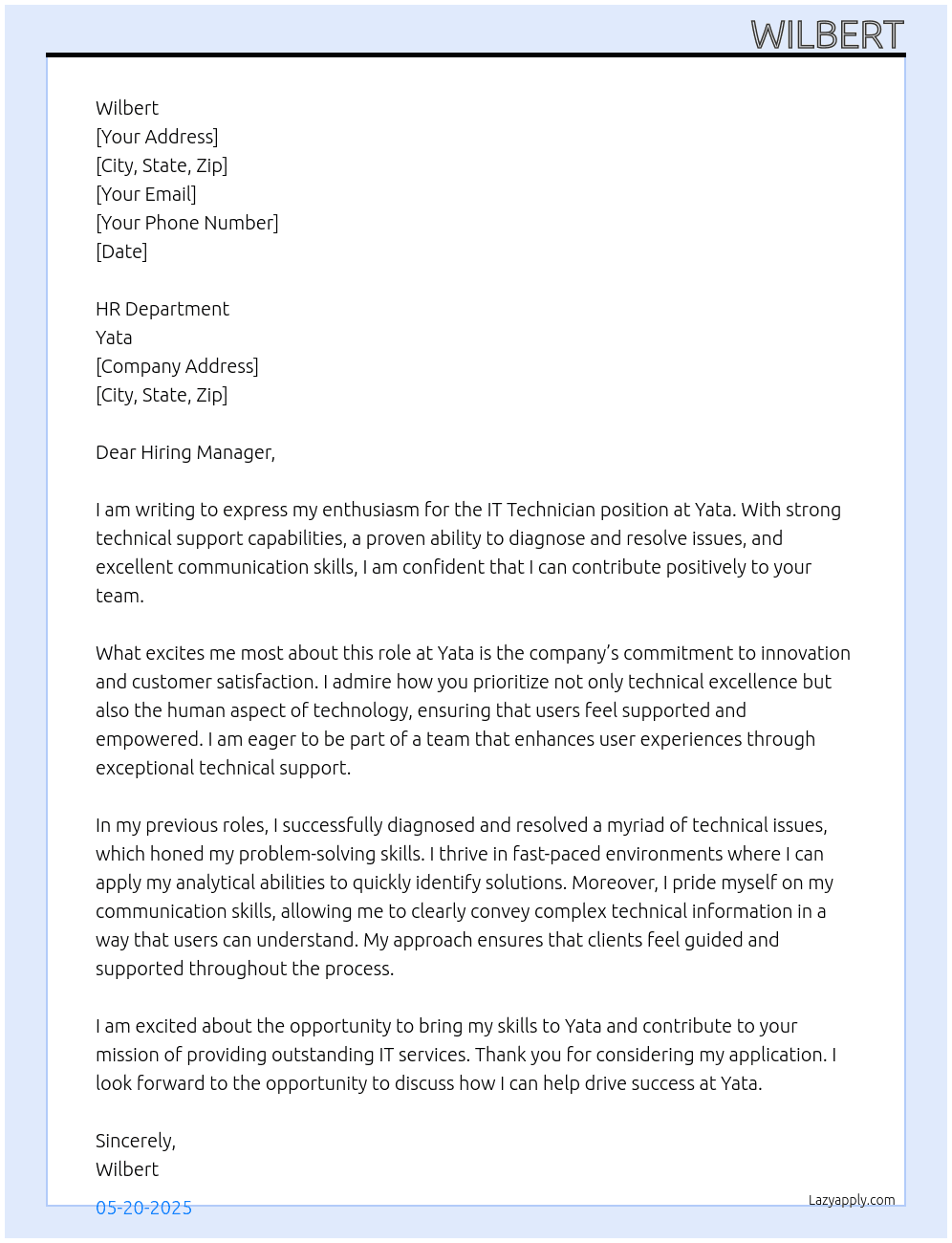 it technician At yata Cover Letter