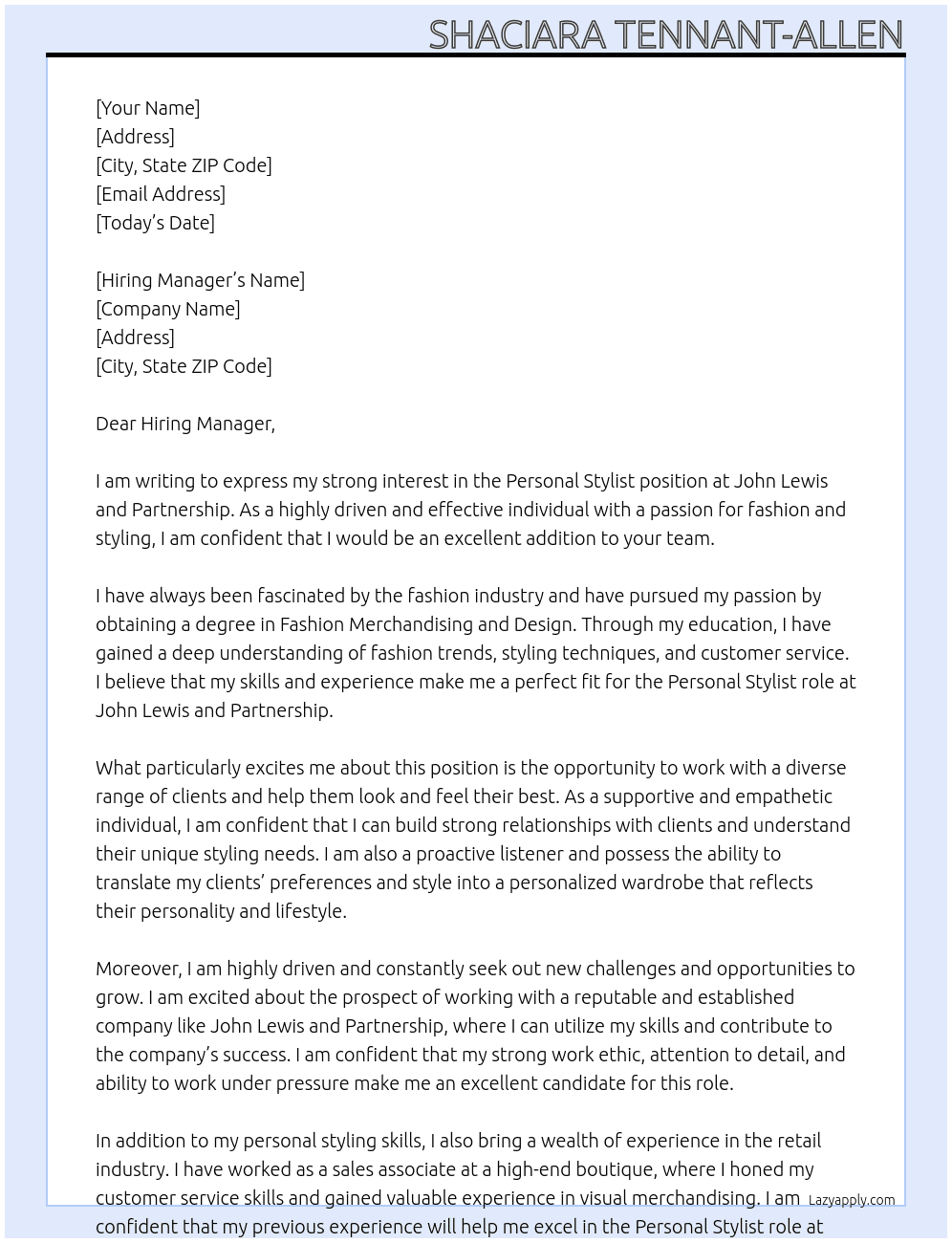 Personal stylist At john lewis and partnership Cover Letter