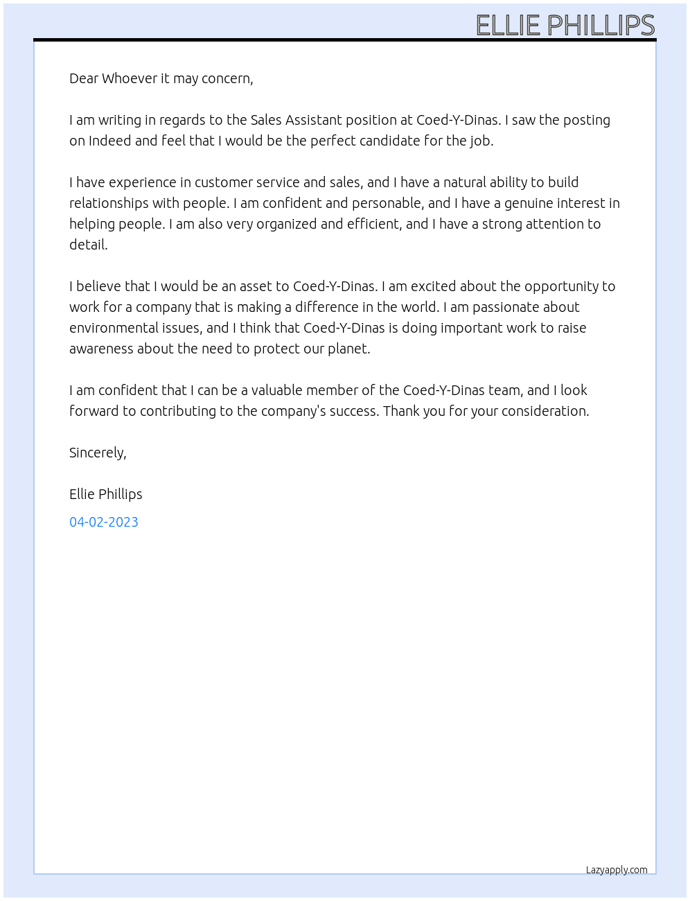 Sales Assistant At Coed-Y-Dinas Cover Letter