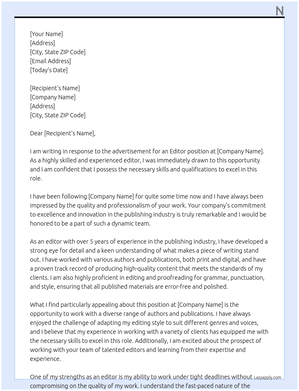 Editor At SC Cover Letter