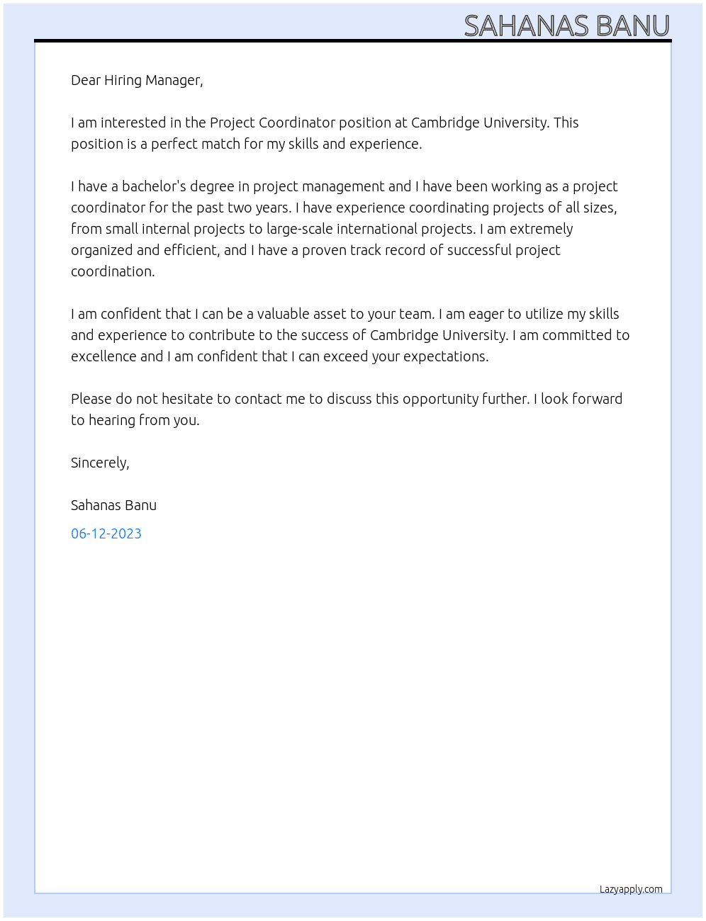 Project Coordinator  At Cambridge University  Cover Letter