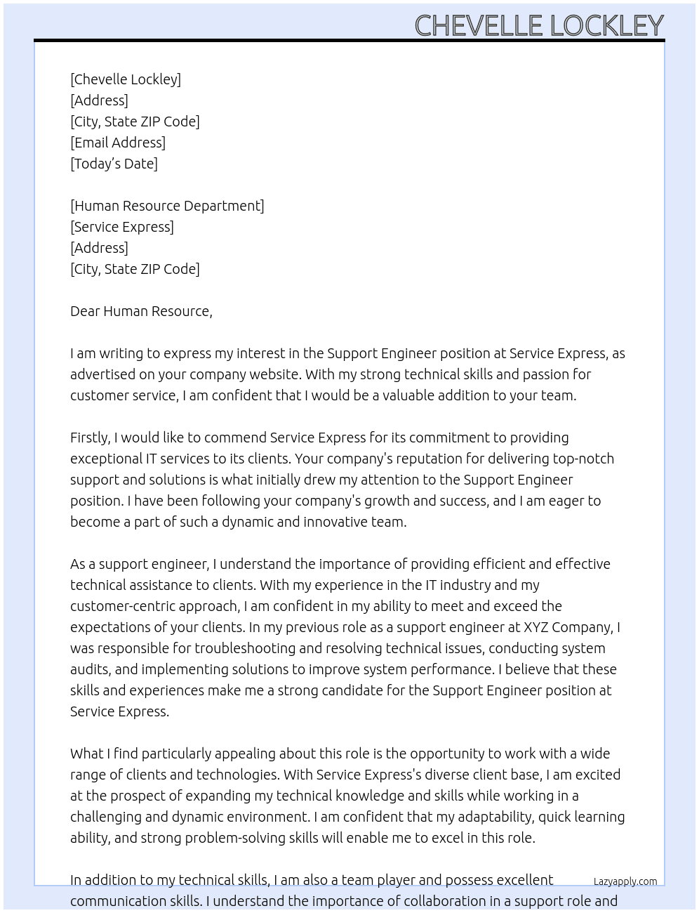 Support Engineer At Service Express Cover Letter