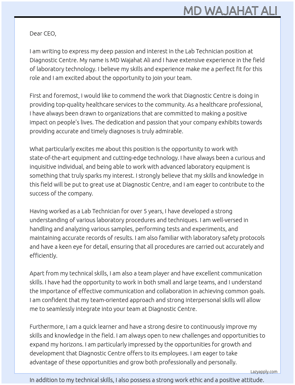 Lab technician  At Diagnostic centre  Cover Letter