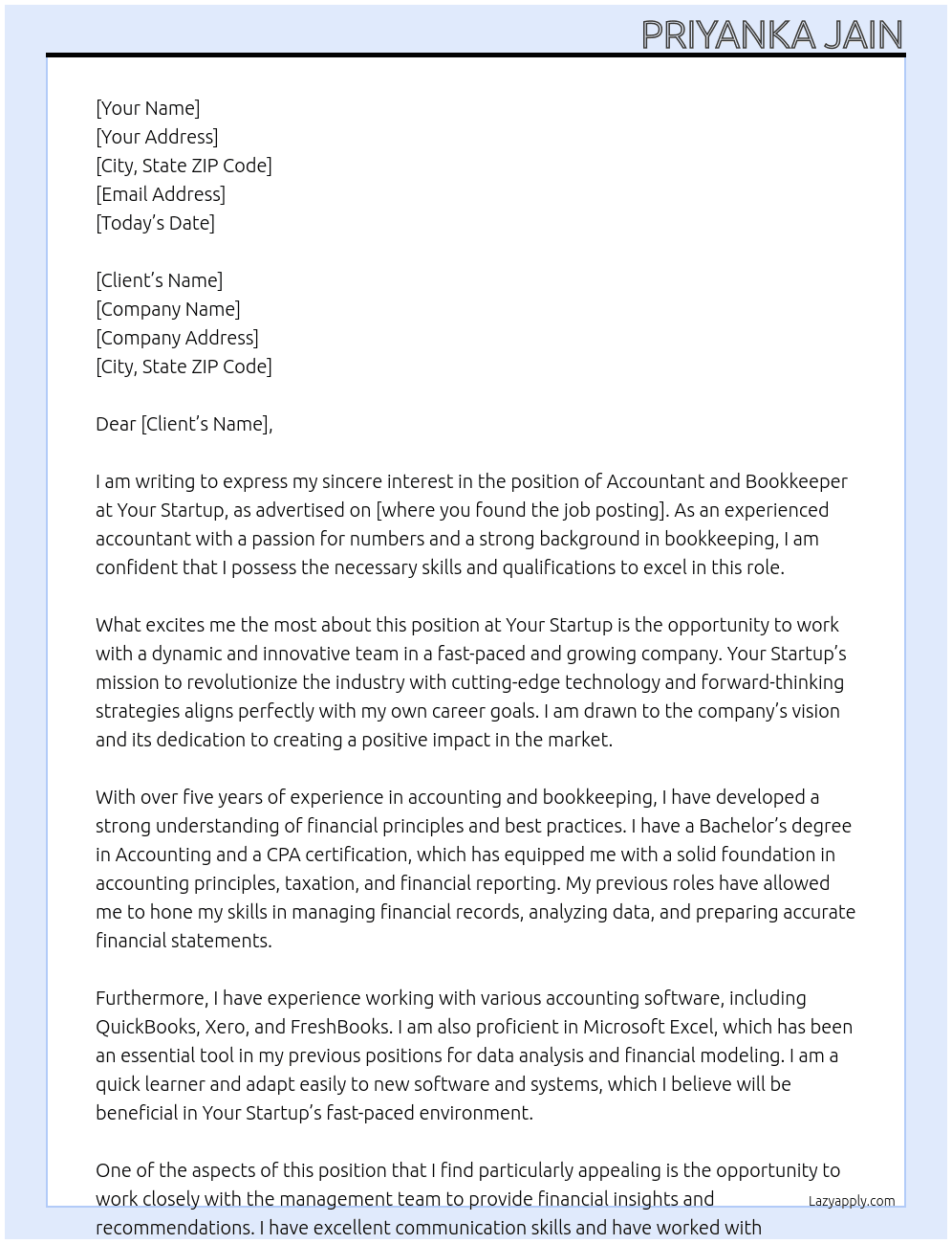 Accountant and Bookkeeper  At Your startup Cover Letter