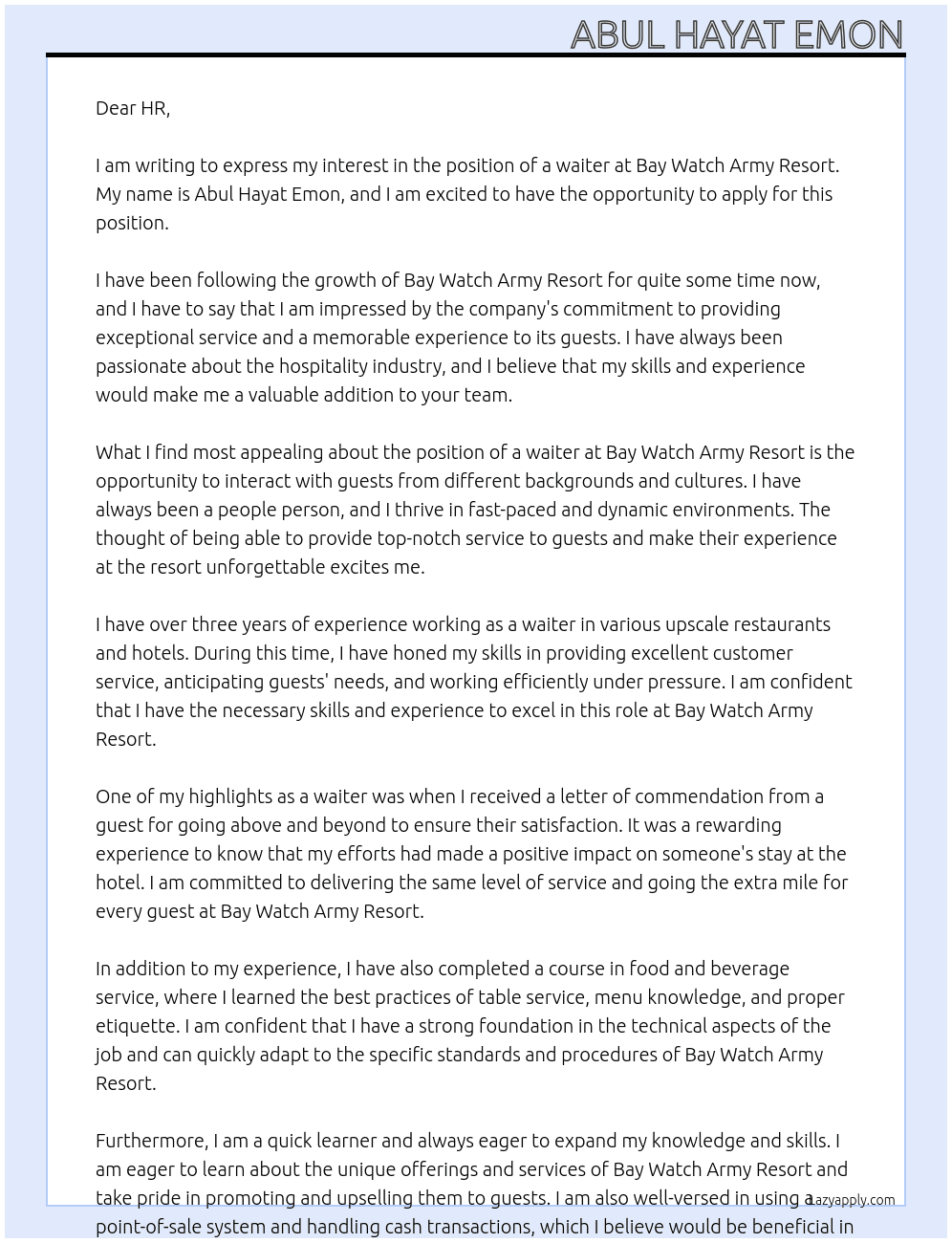 waiter At Bay Watch Army Resort Cover Letter