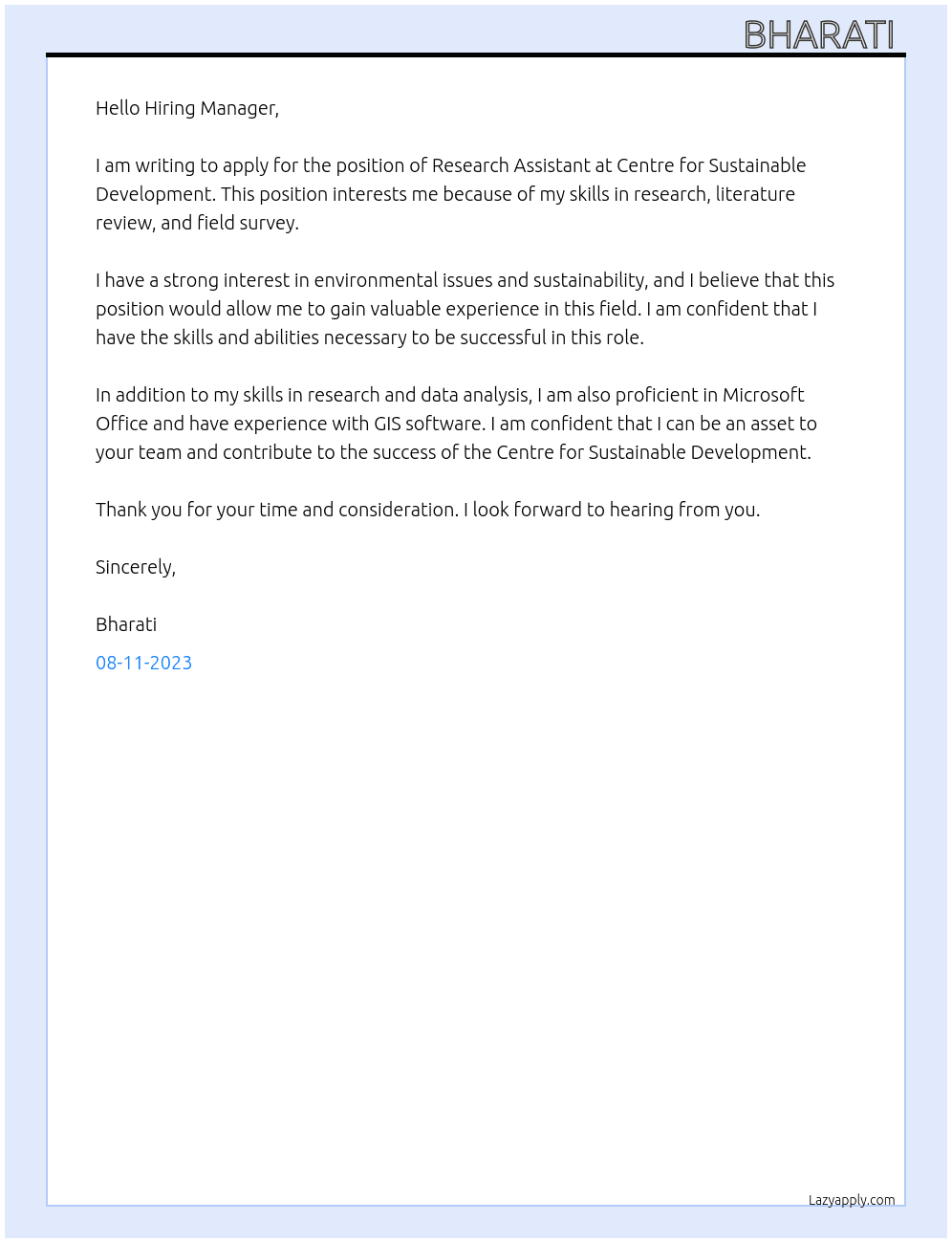 Research Assistant  At Centre for Sustainable Development  Cover Letter