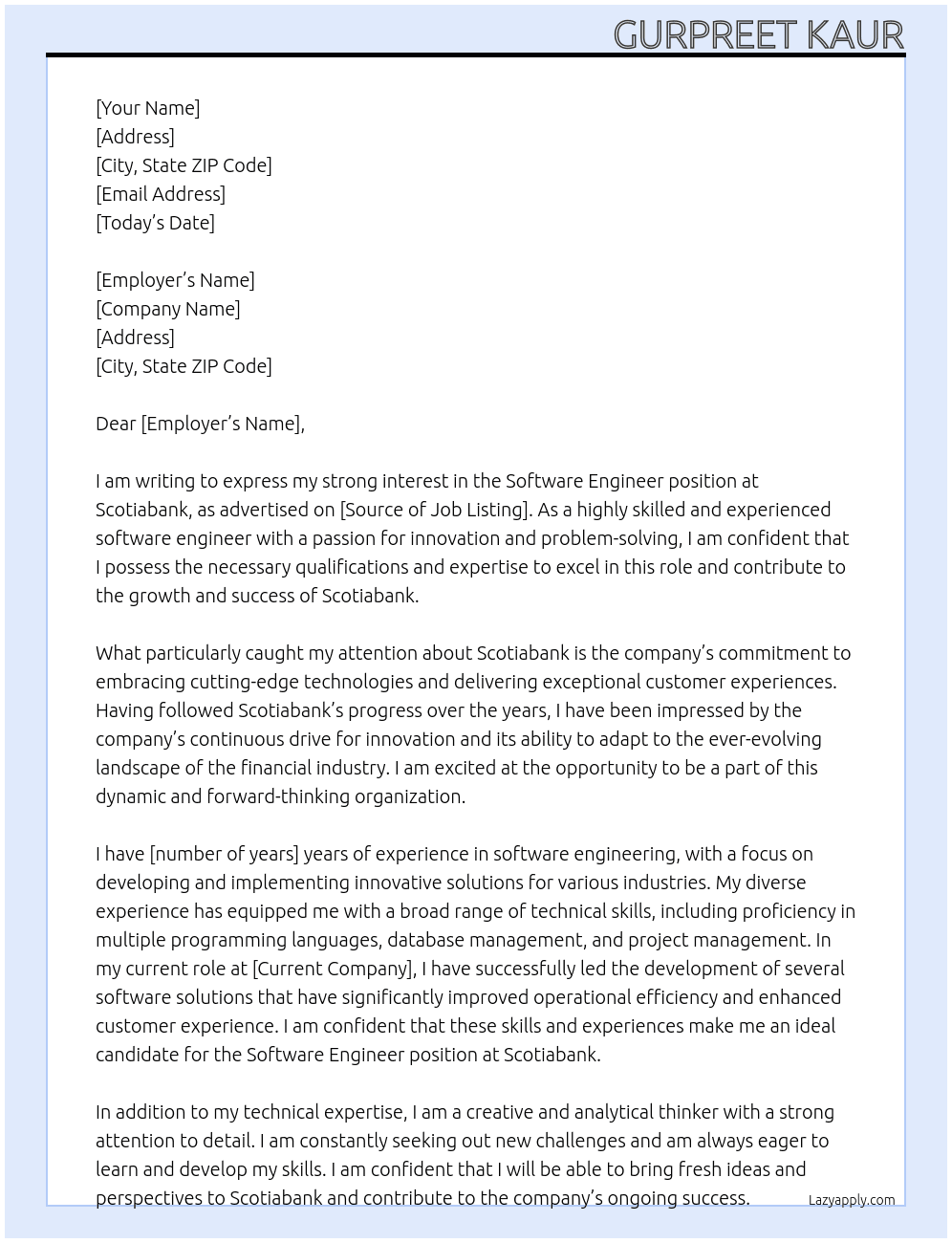 Software engineer At Scotiabank Cover Letter
