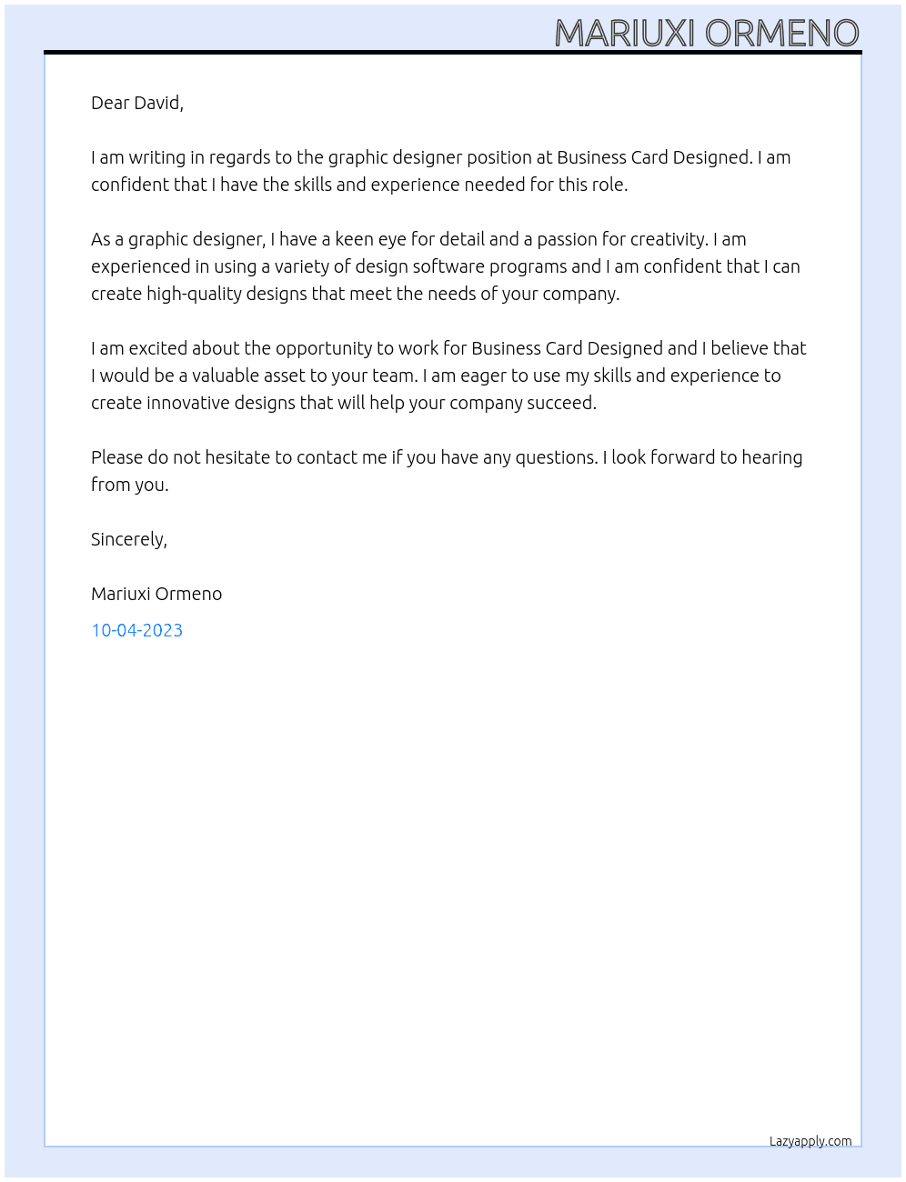 Graphic Designer At Business Card Designed Cover Letter