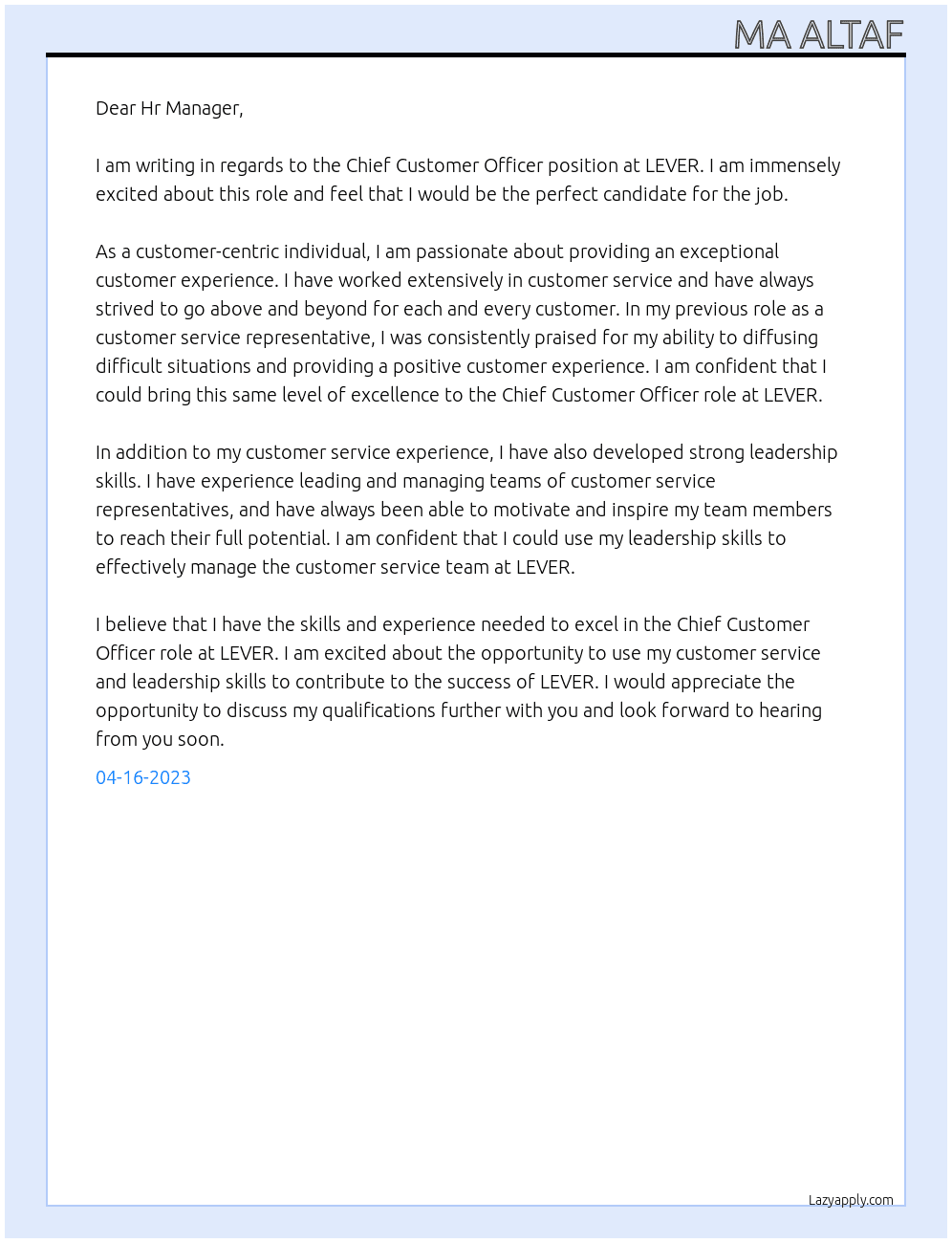 Cheif Customer Officer At LEVER Cover Letter