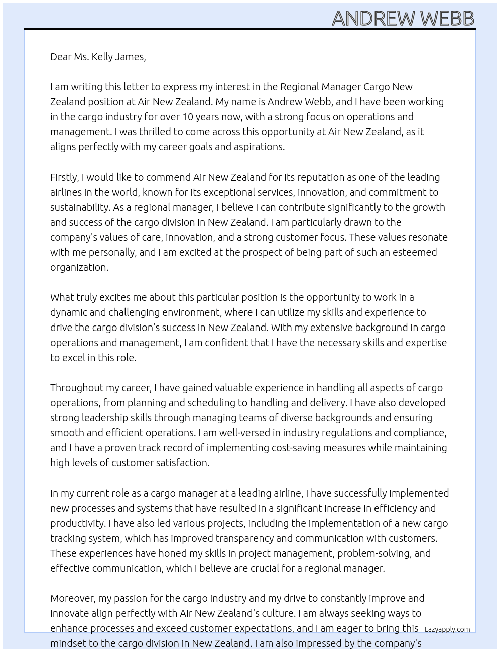 Regional Manager Cargo New Zealand At Air New Zealand Cover Letter