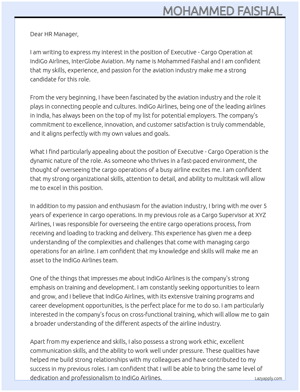 Executive - Cargo operation  At IndiGoAirlines,InterGlobe Aviation  Cover Letter