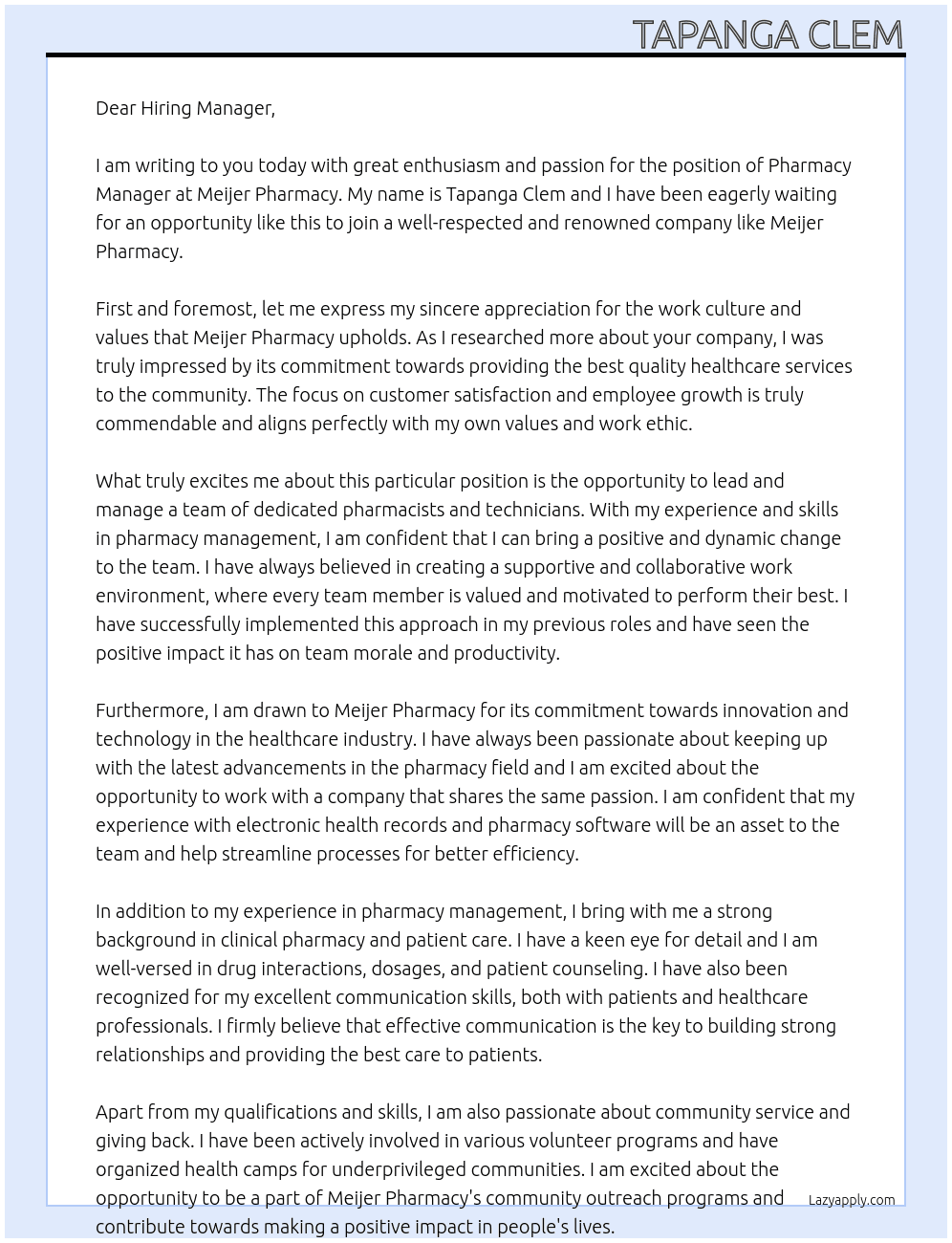 Pharmacy Manager At Meijer Pharmacy Cover Letter
