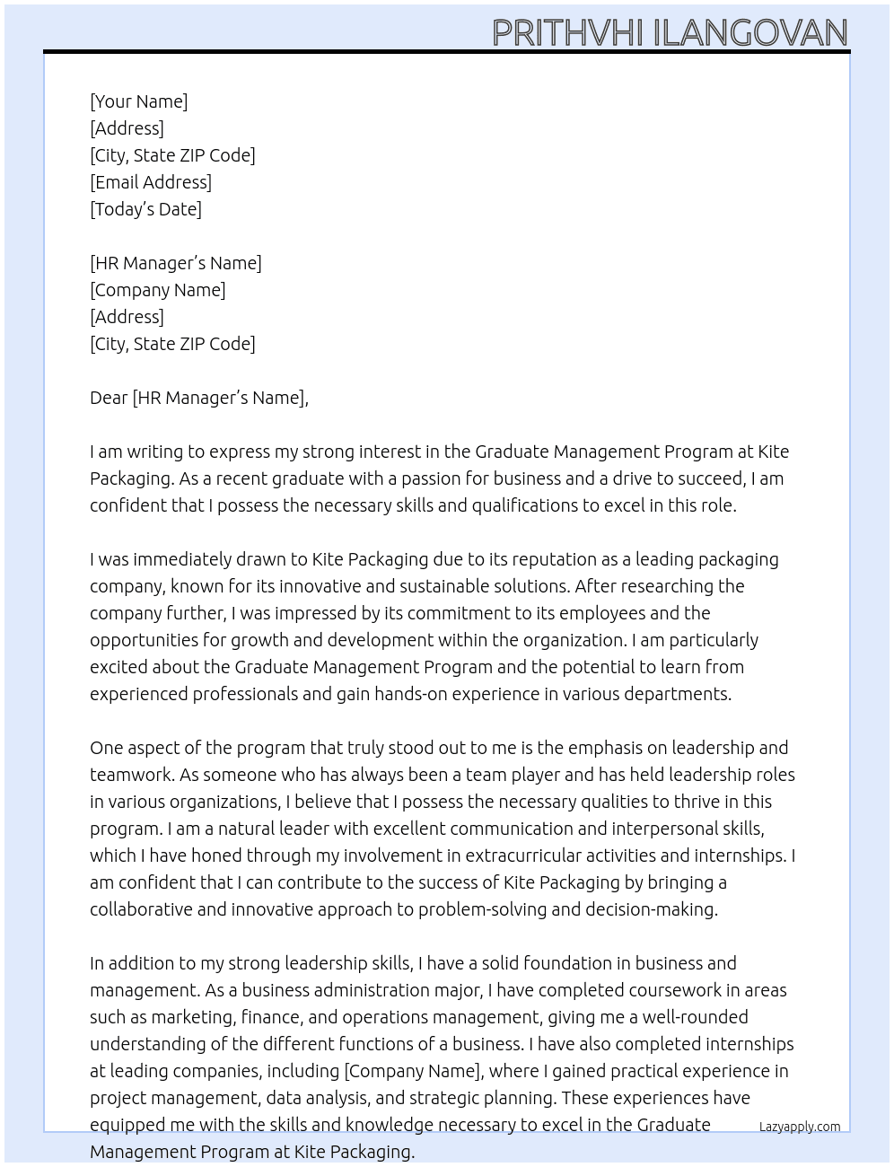 Graduate Management Program At Kite Packaging Cover Letter