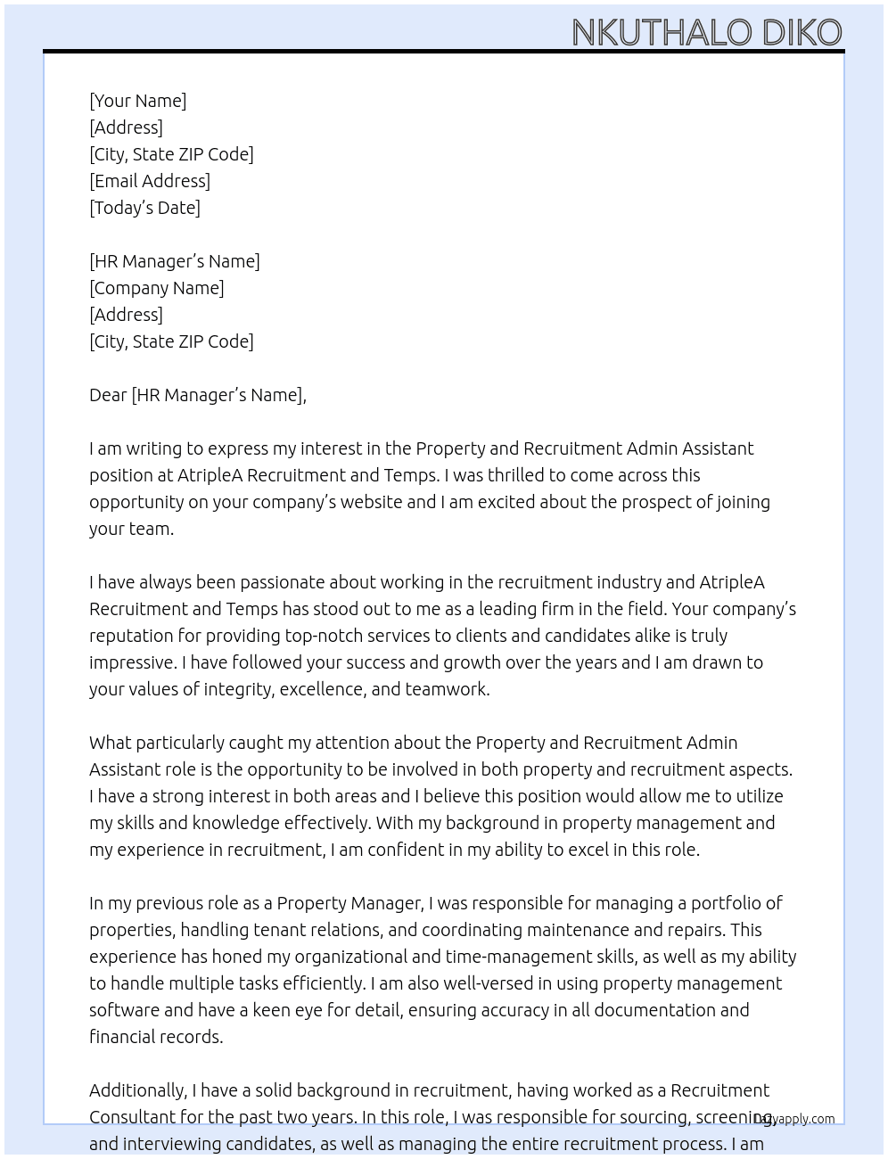 Property and Recruitment Admin Assistant  At ATripleA Recruitment and Temps Cover Letter