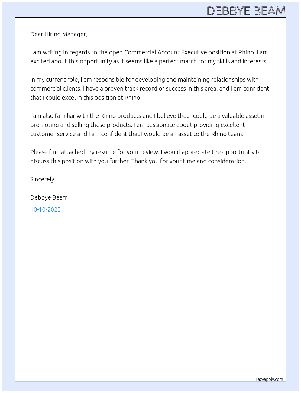 Commercial Account Executive At Rhino Cover Letter