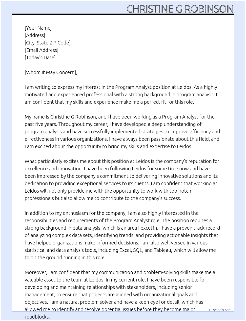 Program Analyst At Leidos Cover Letter