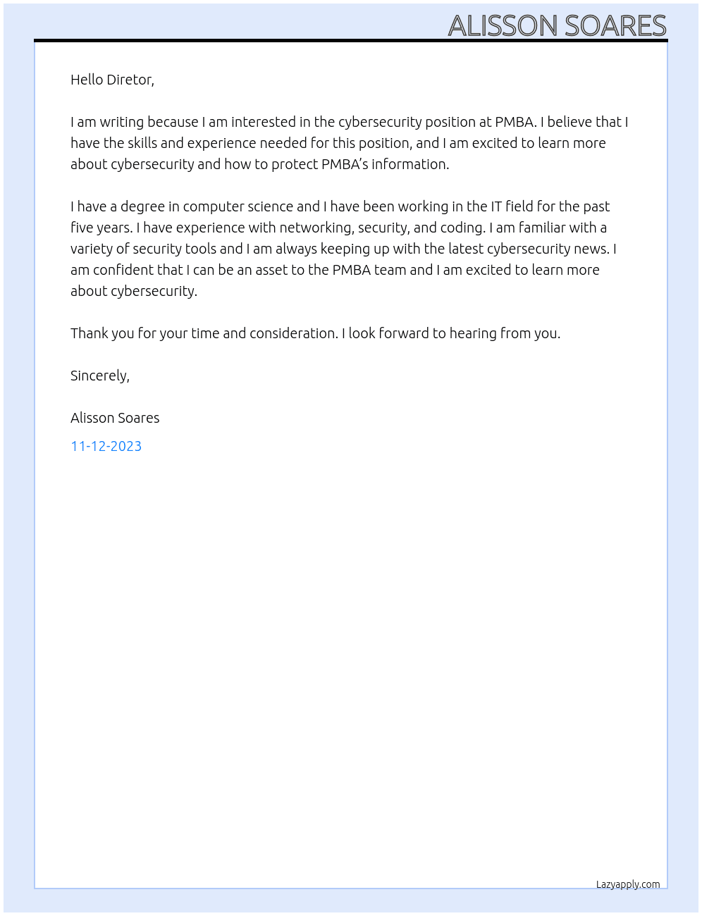 Cybersecurity  At PMBA Cover Letter