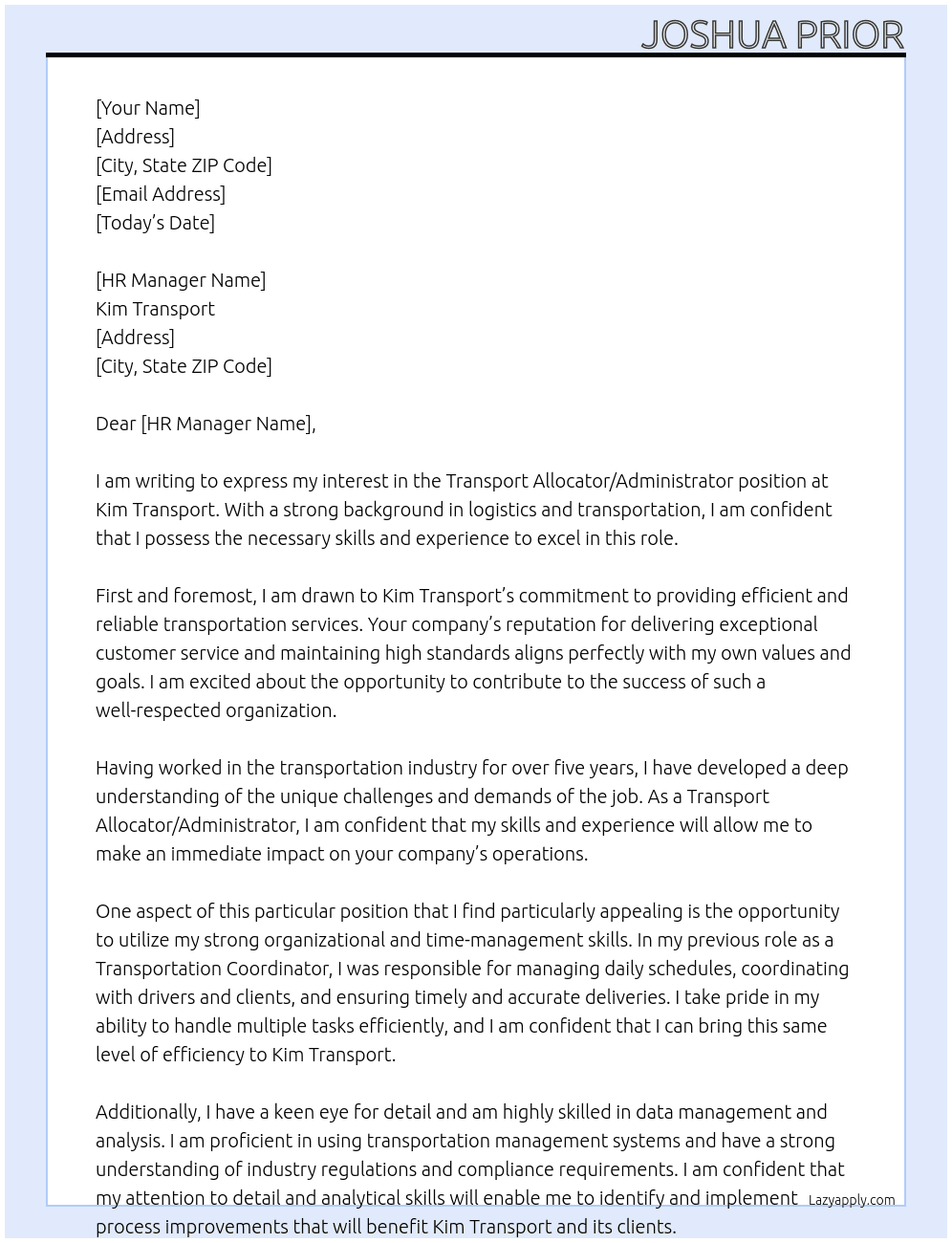 Transport Allocator / Administrator At Kim Transport Cover Letter