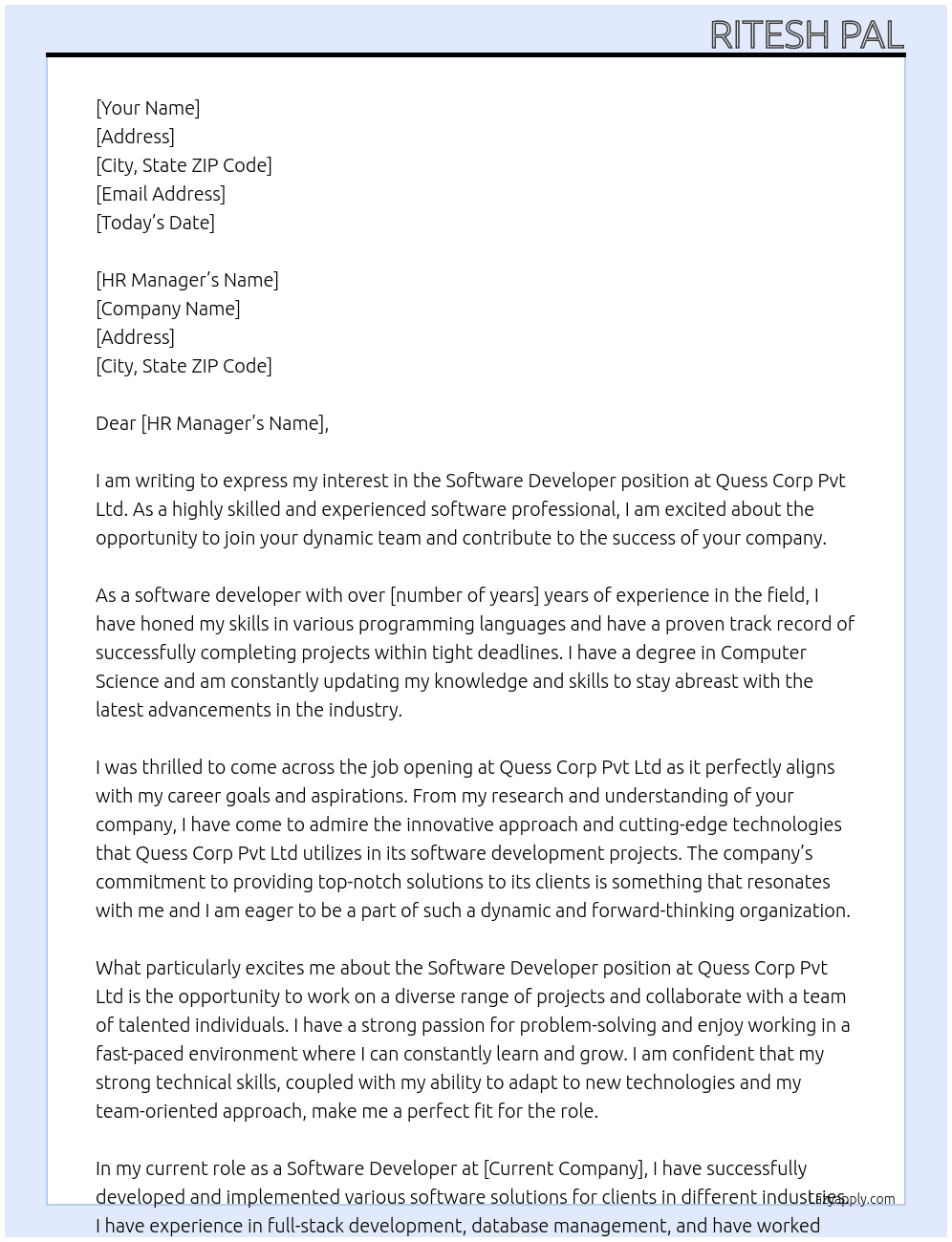 SOFTWARE DEVELOPER At QUESS CORP PVT LTD Cover Letter