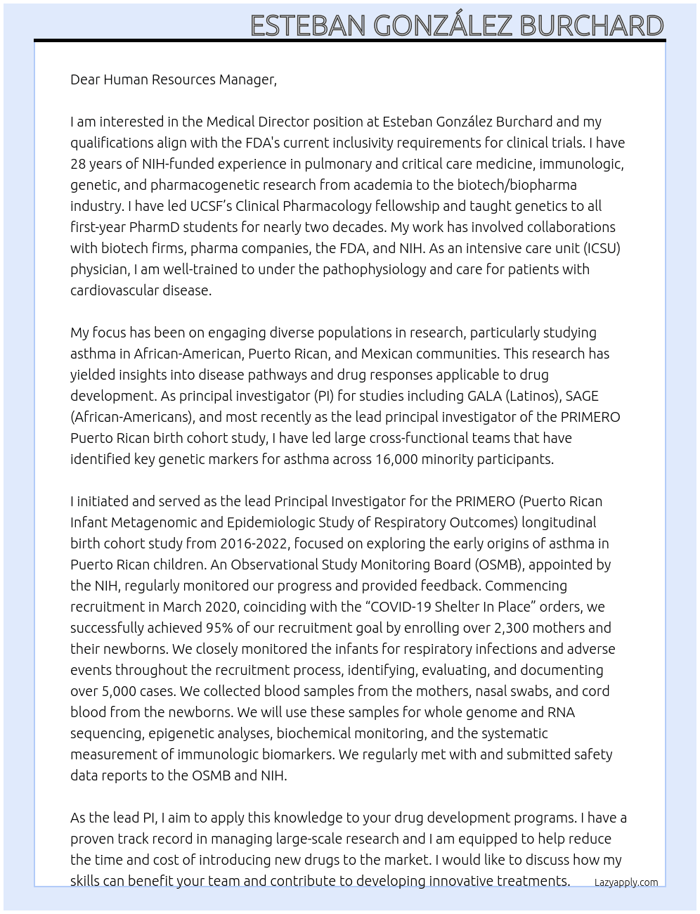 Medical Director  At Esteban González Burchard Cover Letter