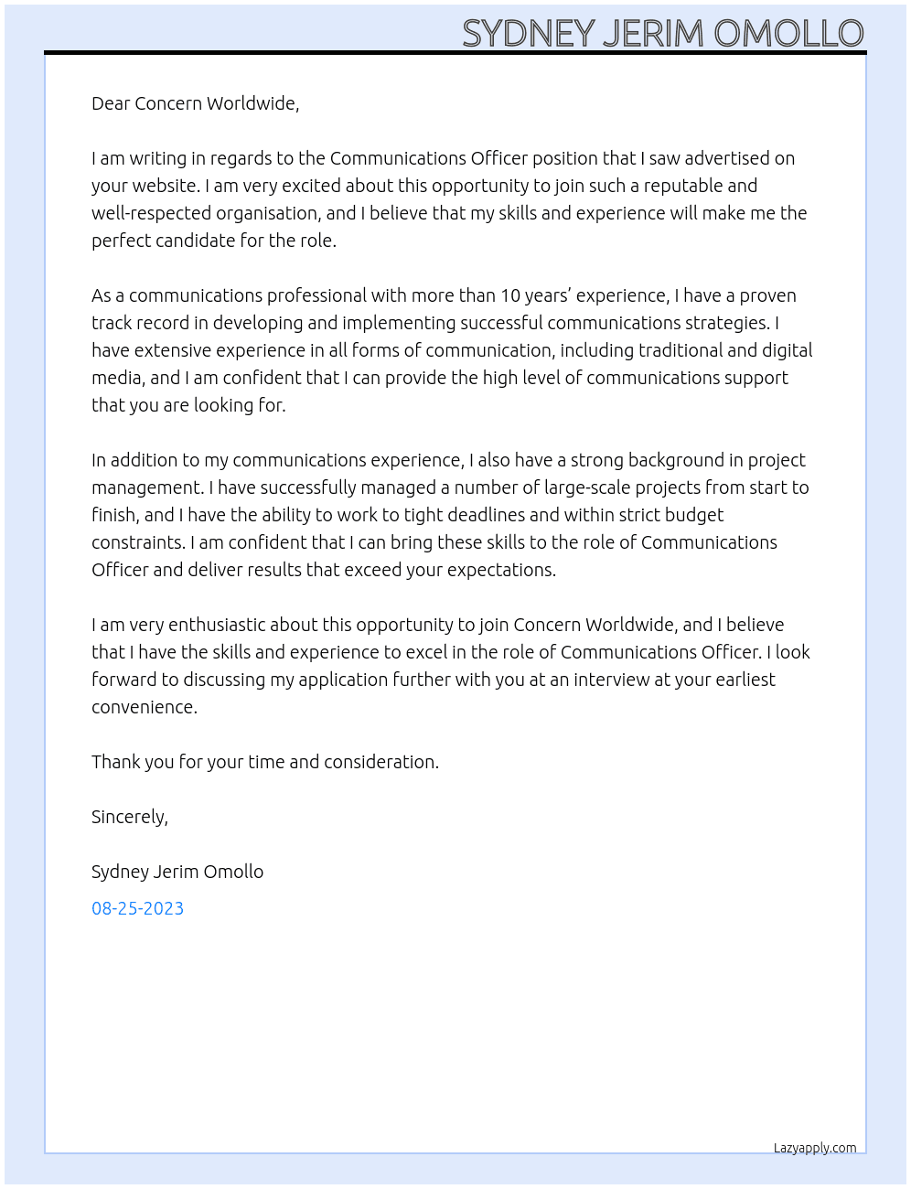 Communications Officer At Concern Worldwide Cover Letter
