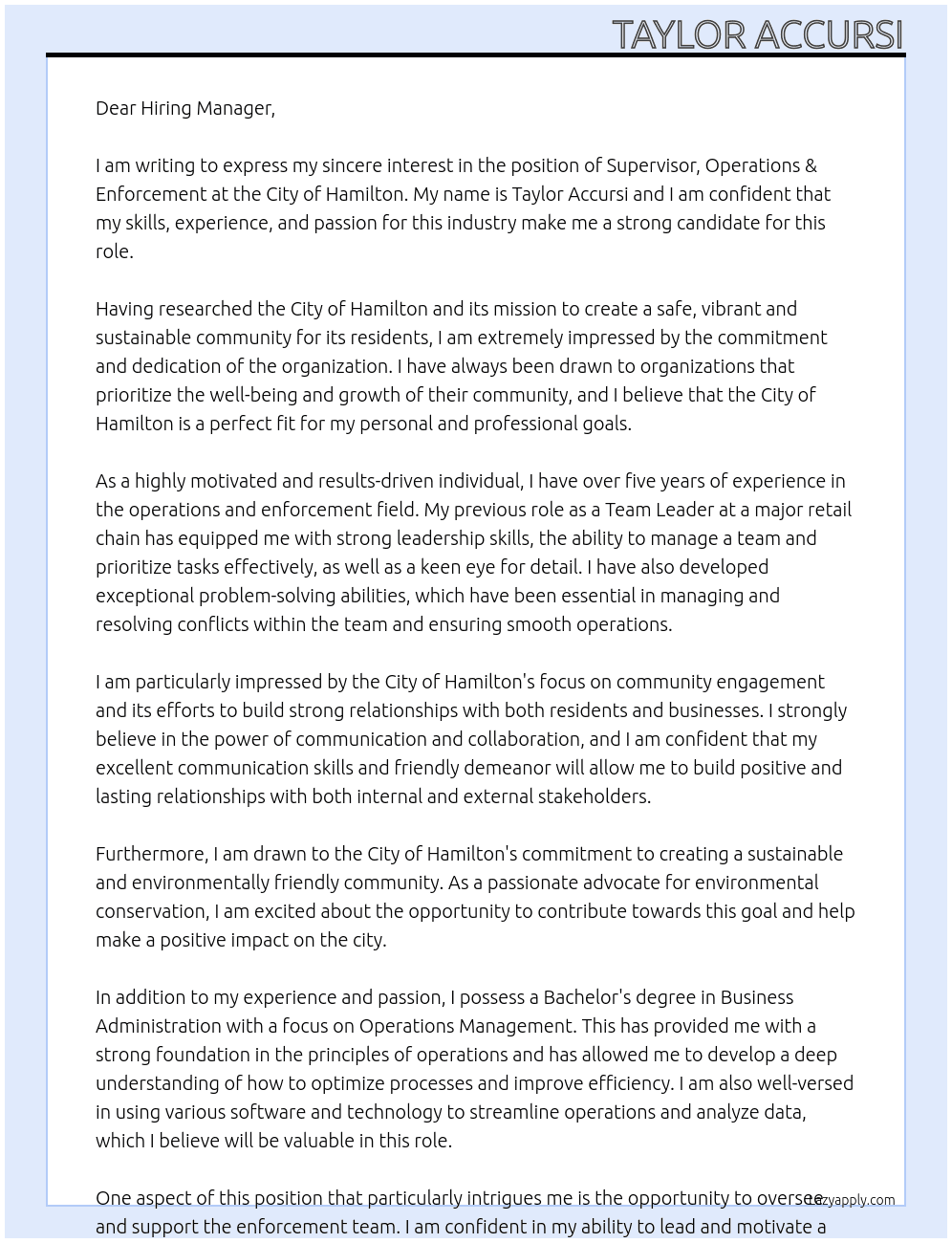 Supervisor, Operations & Enforcement At City of Hamilton Cover Letter