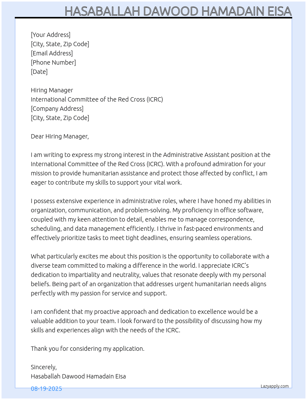 Administrative assistant At ICRC Cover Letter