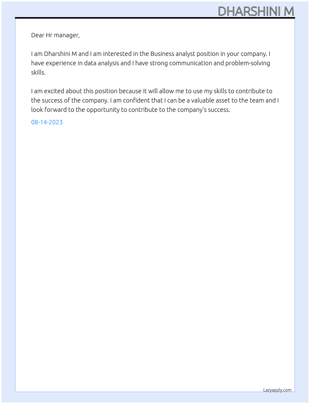 Business anlayst At Payu company  Cover Letter