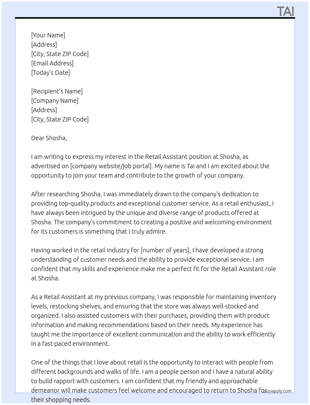 Retail assistant At Shosha  Cover Letter