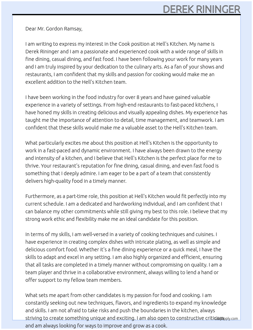 Cook At Hell's kitchen Cover Letter