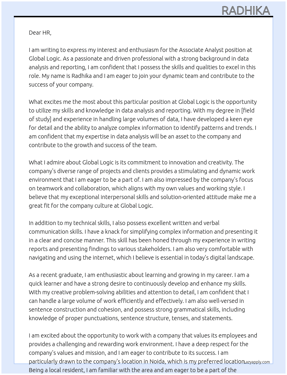 Associate Analyst  At Global logic  Cover Letter