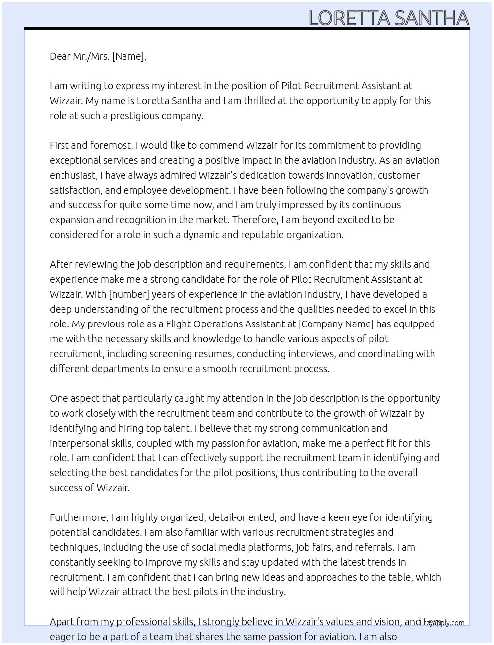 Pilot recruitment assistant At Wizzair Cover Letter