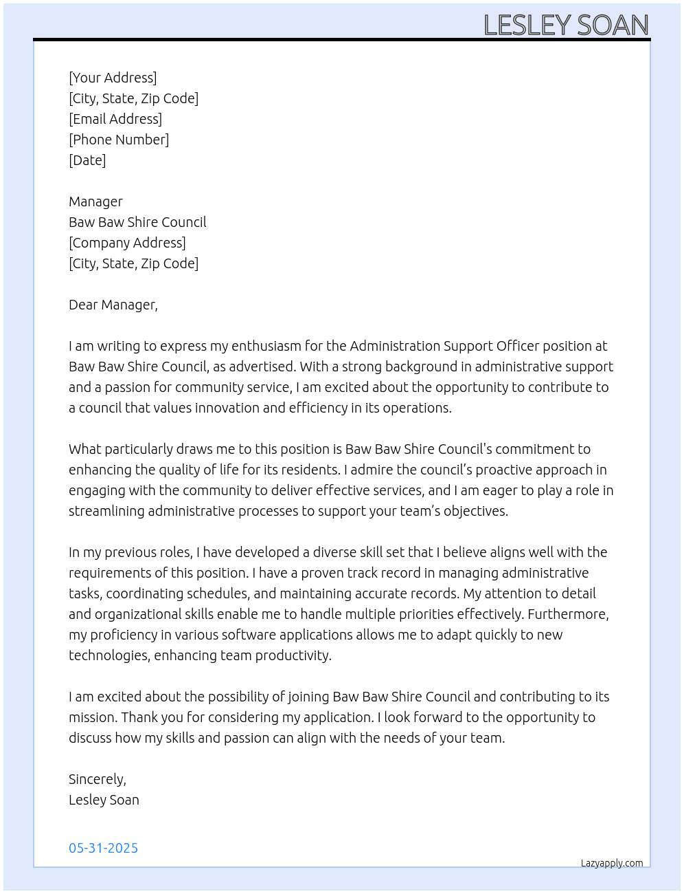 Cover letter for adminstration support officer - LazyApply