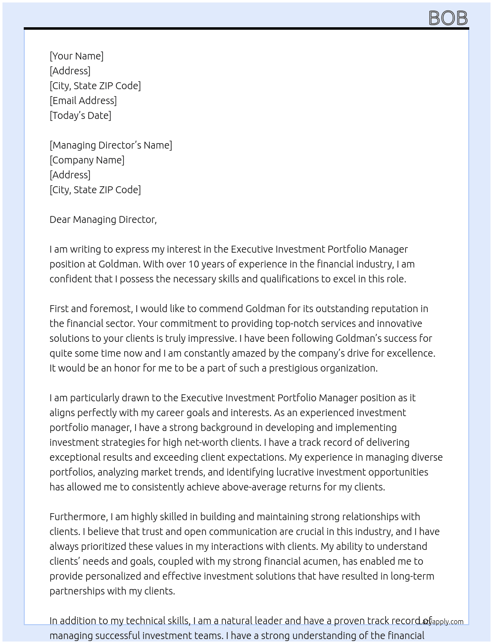 Investment portfolio manager At Goldman  Cover Letter