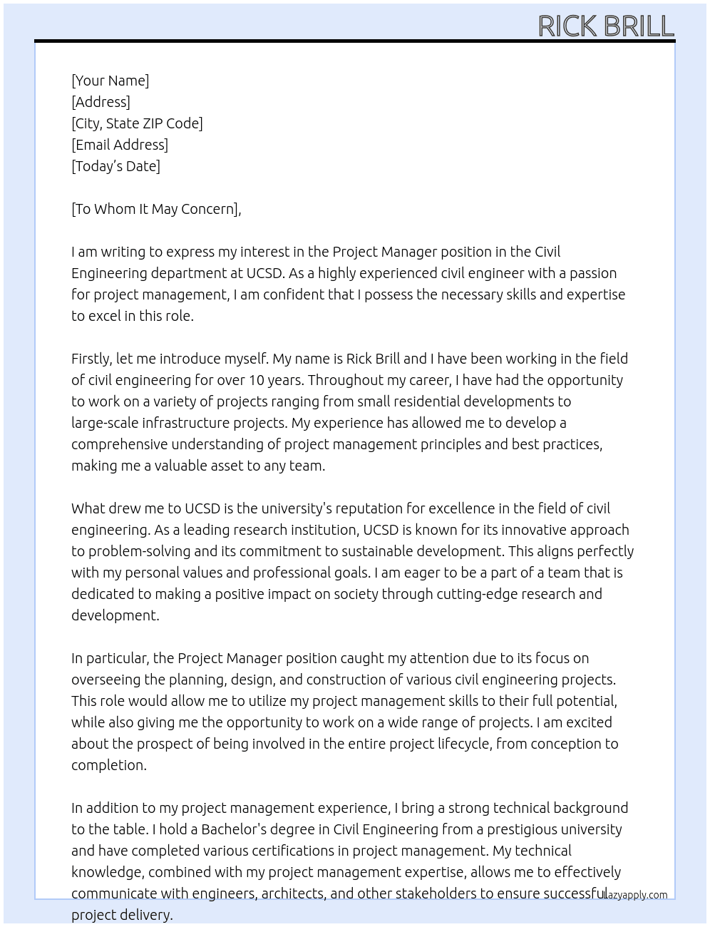 Project manager - civil enginnering At UCSD Cover Letter