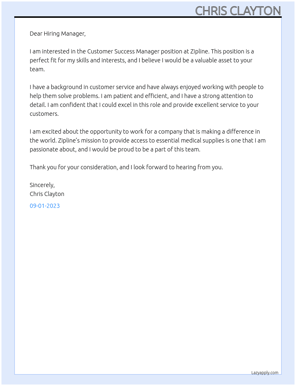 Customer Success Manager At Zipline Cover Letter